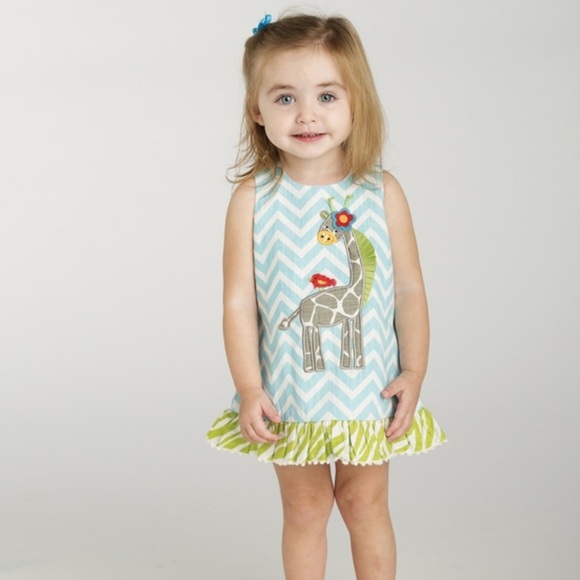Mud Pie Aqua and White Striped Applique Giraffe Dress -Size 0-6m - Picture 1 of 6